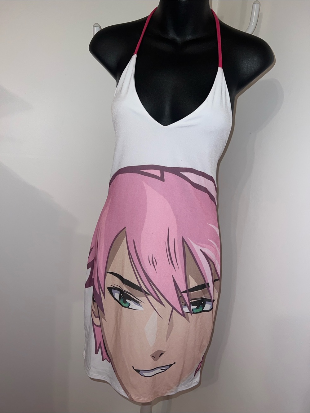 Fashion Nova Anime White & Pink Graphic Halter Mini dress